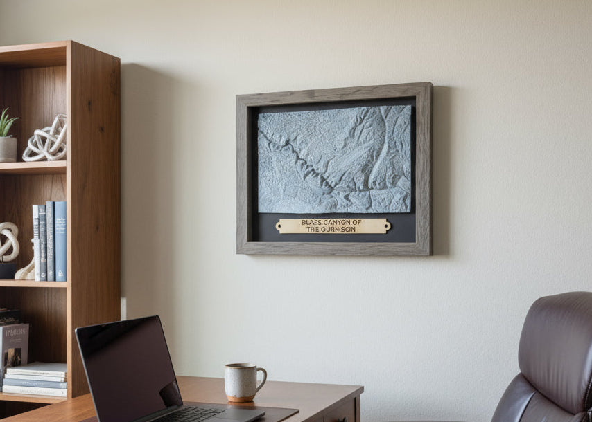 Framed topographic map of the Black Canyon of the Gunnison with a wooden frame.