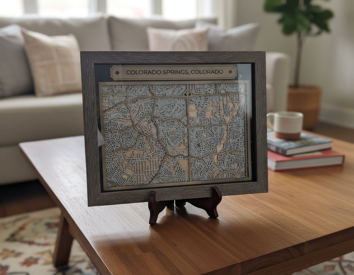 Framed 3D map of Colorado Springs, Colorado with wooden frame.