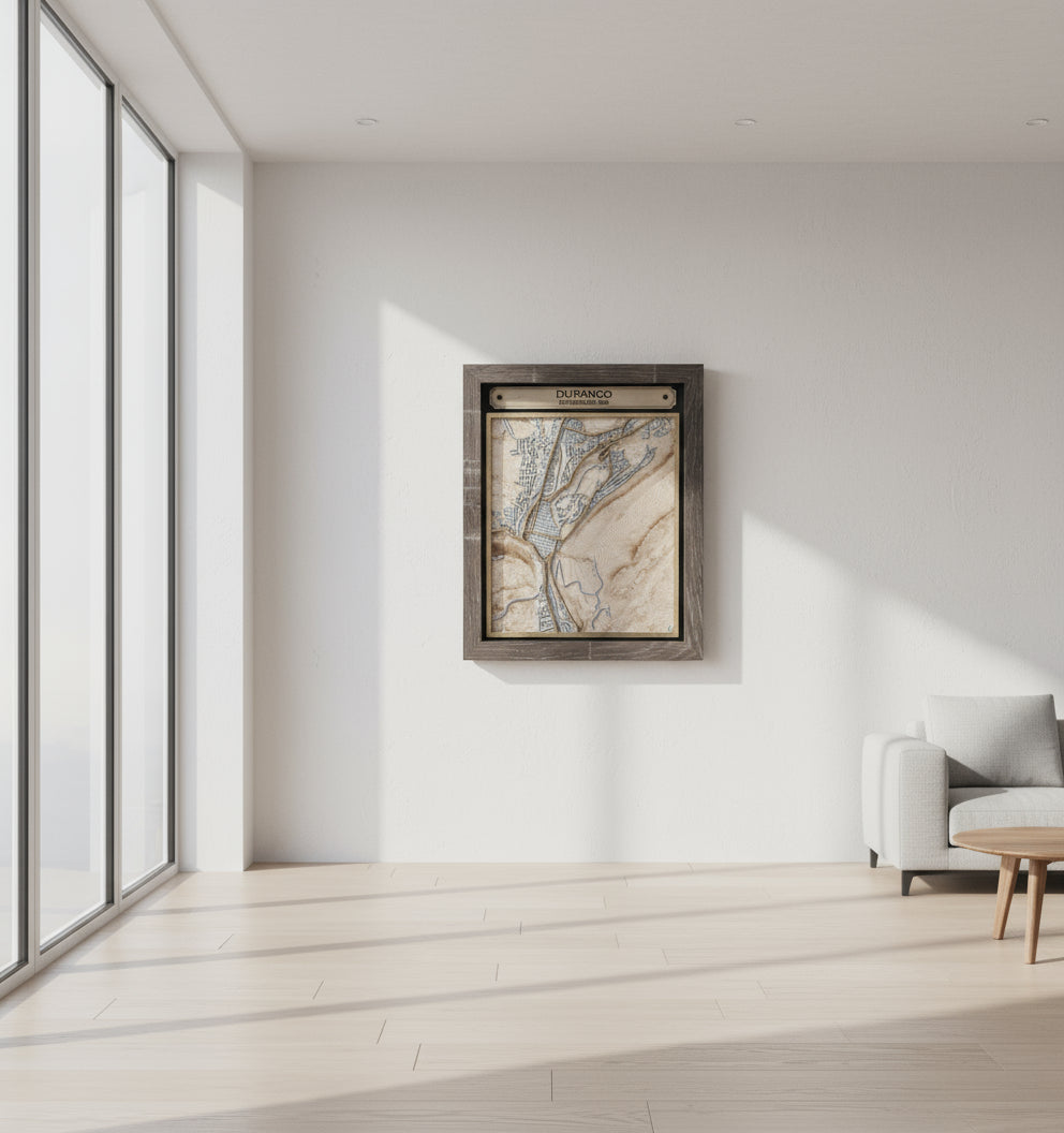 Framed topographic map of Durango with wooden frame