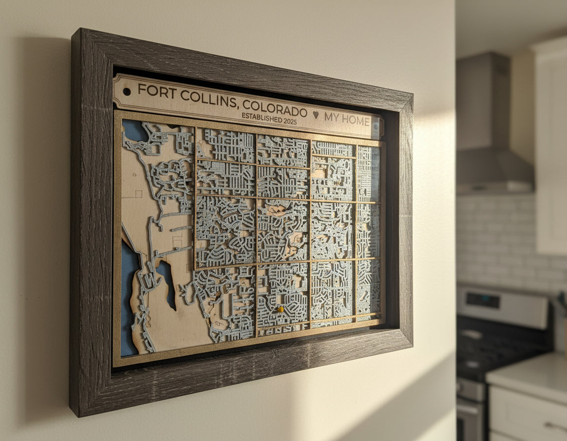 Framed map of Fort Collins, Colorado with 'My Home' text on a wooden surface.