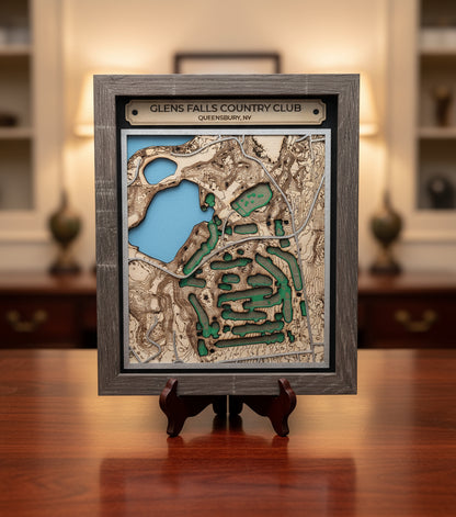 Framed 3D map of Glens Falls Country Club with wooden frame