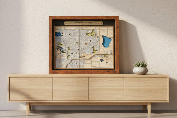 Framed map of Longmont, Colorado with a wooden border.