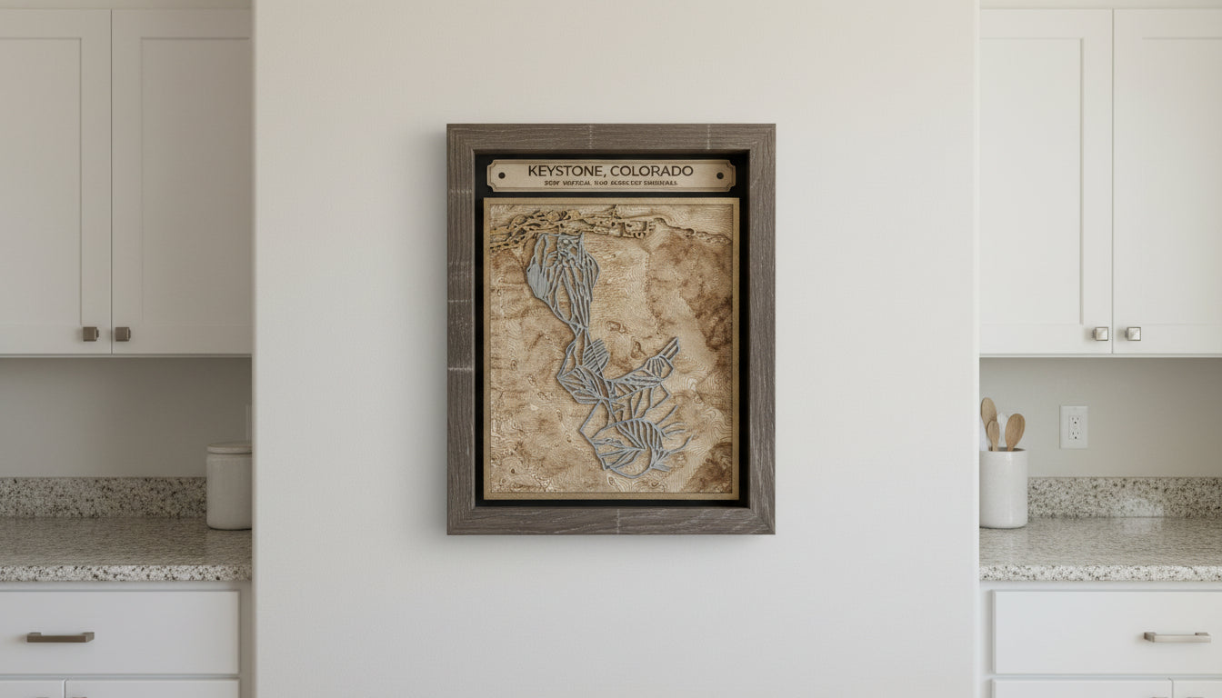 Framed map of Keystone, Colorado on a wooden surface