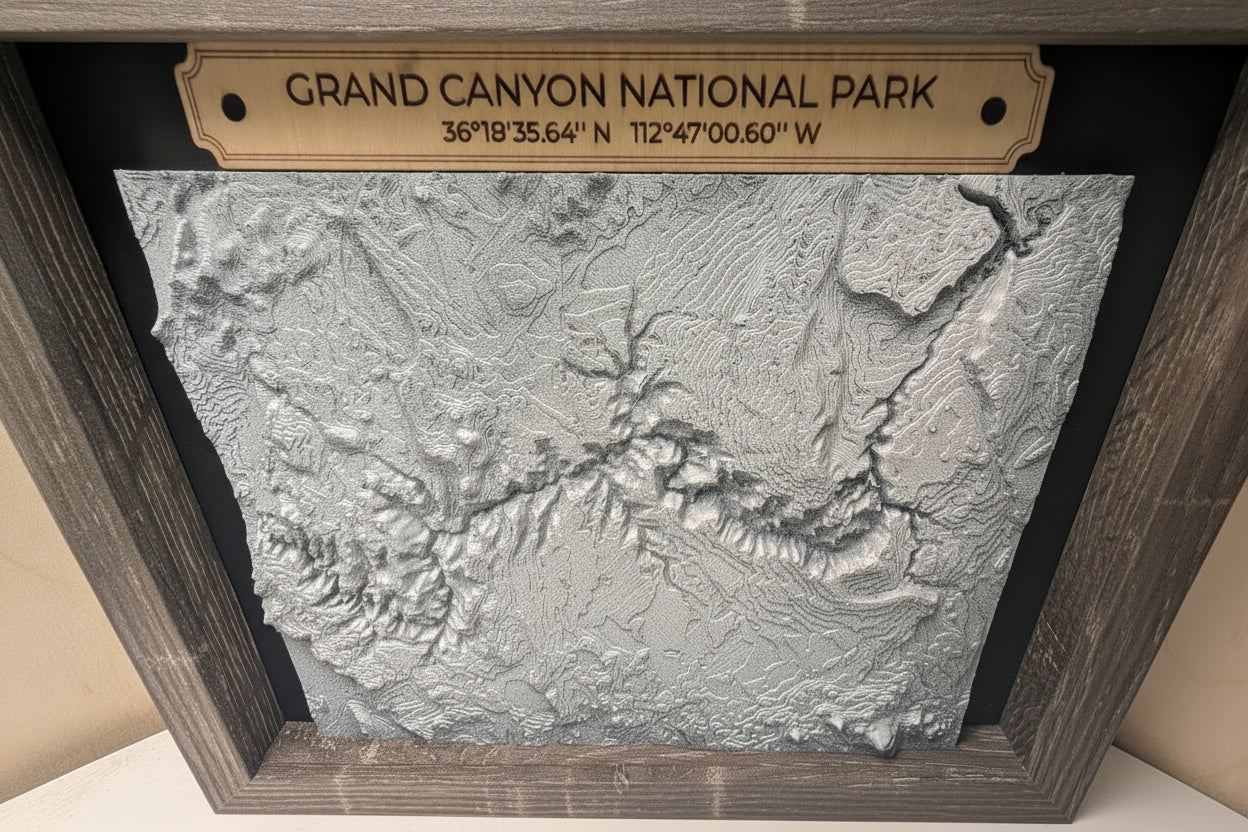Topographic map of Grand Canyon National Park with coordinates on a wooden frame.