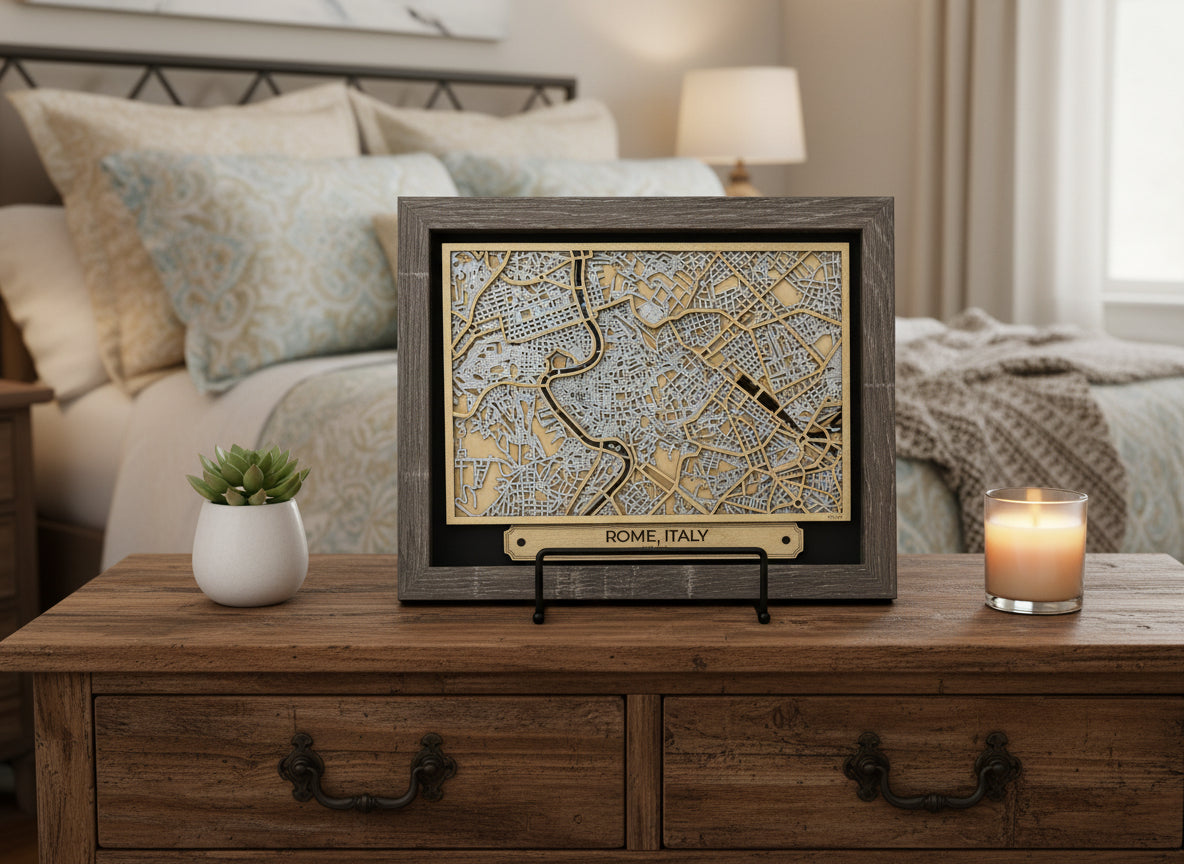 Framed map of Rome, Italy on a wooden surface
