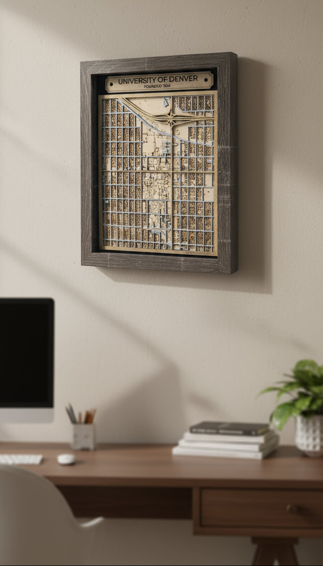 Framed map of the University of Denver on a white surface with a neutral background